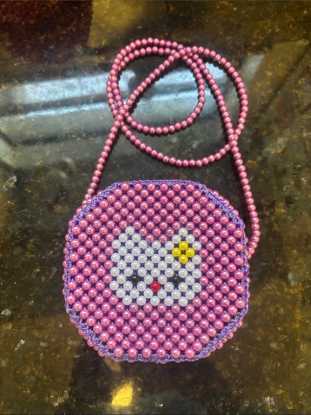 Hand Crafted Purple Beaded Kids Crossbody Bag with White Cat and Yellow Flower